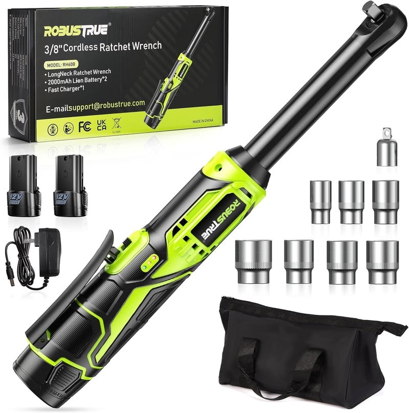 Robustrue 3/8" Cordless Ratchet Wrench, 6-inch Extended Ratchet Wrench, 40Ft-lbs 400RPM Cordless Ratchet, 2 Batteries Power Electric Ratchet Driver with Variable Speed, 7 Sockets, LED Light - Image 1